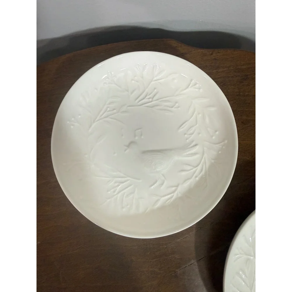 West Elm 12‎ Days of Christmas White Ceramic Dessert Appetizer Plates Embossed